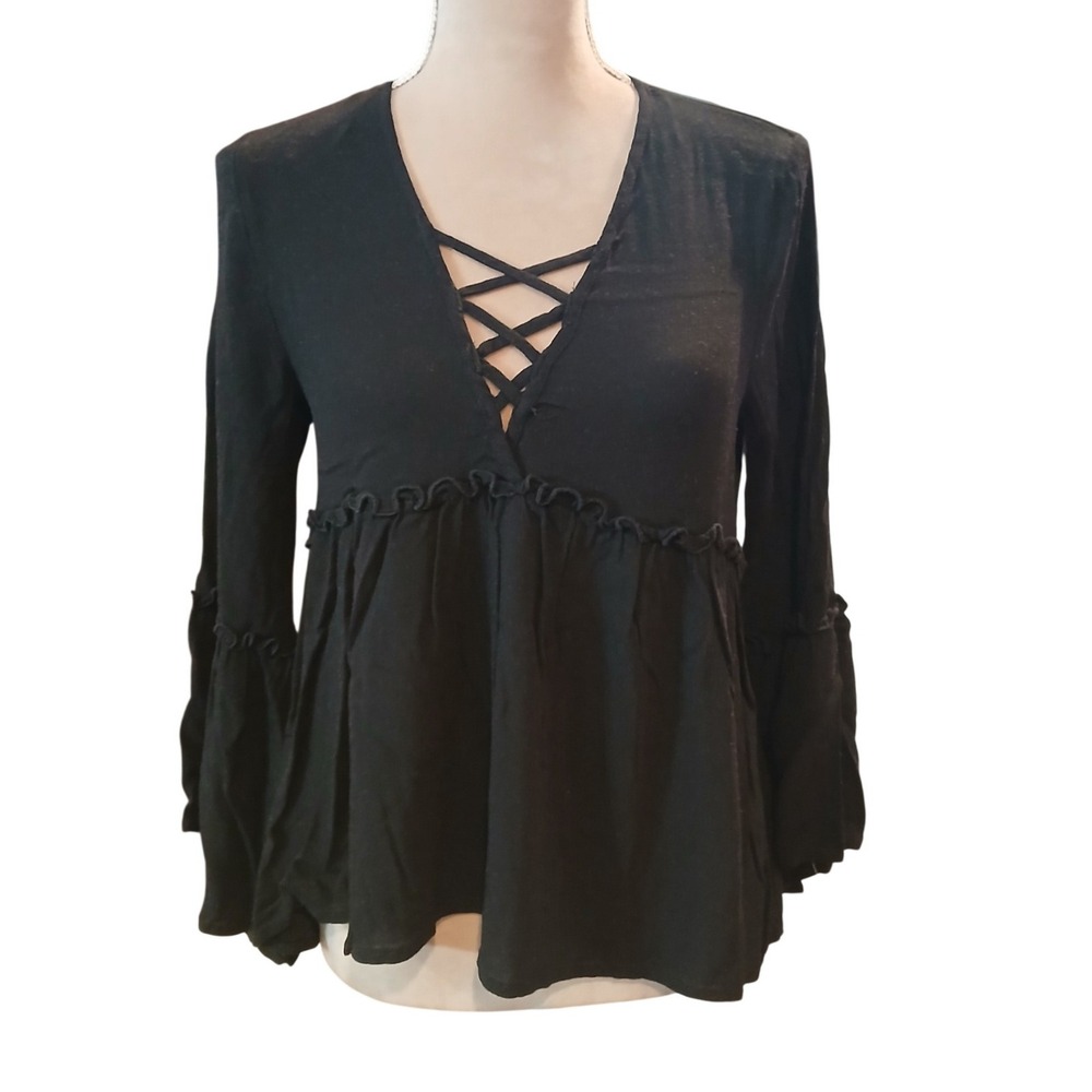 Black Lace Up V-Neck Babydoll Top Bell Sleeve Boho Blouse Medium Hi Low